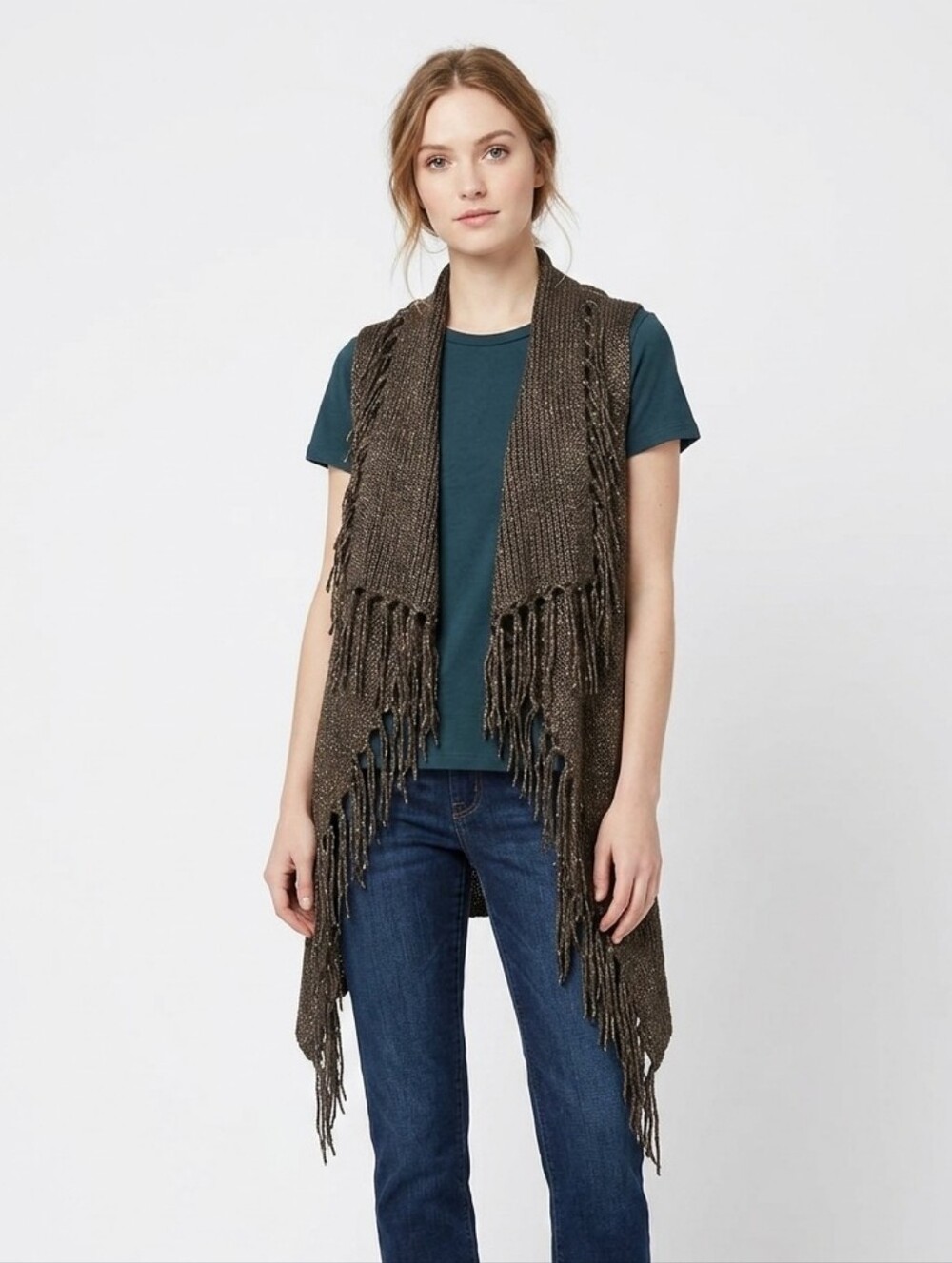 Curio Vintage Knit Fringe Waterfall Vest Shrug Open Front Boho Festival Small S